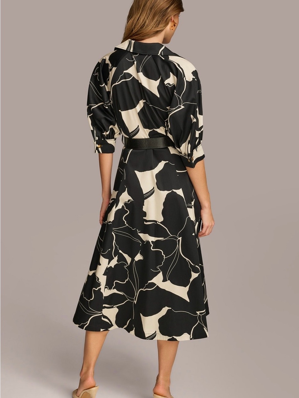 Donna Karan New York Black and Cream Floral Midi Shirt Dress with Belt - Picture 4 of 5